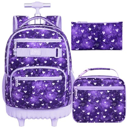3Pcs Rolling Backpack for Girls Teens, 19" Wheeled Backpack with Lunch Box, Polka Dots Travel Roller Backpack for Women College Students (Purple) - color: Starry Sky Heart Purple