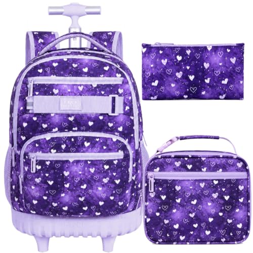 3Pcs Rolling Backpack for Girls Teens, 19" Wheeled Backpack with Lunch Box, Polka Dots Travel Roller Backpack for Women College Students (Purple) - color: Starry Sky Heart Purple