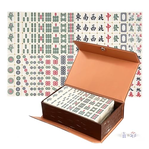 Portable Mini Chinese Mahjong Set with 146 Melamine Tiles Compact Brown Carrying Case for Camping, Family Game Night Camping, Beach & Halloween Christmas Easter Party