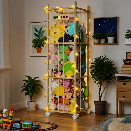 Stuffed Animal Storage Zoo with Wheels and Twinkling Bee String Lights, 55.12in Large Wooden Stuffed Animal Storage & Organizer with Elastic Cord Plush Toy Storage for Toy Organization - color: C:cage + Light&wheels