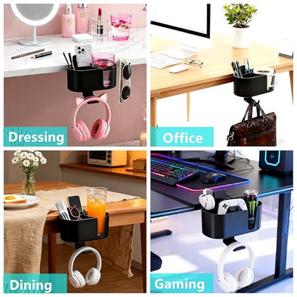 4-in-1 Desk Organizer Cup Holder Clamp-on Under Desk Office Home Storage | Carbon steel hook holds 11lb.Detachable storage box.Frees up desk space.Holds cup/headset/bag/phone/pen/stationery.No tools.