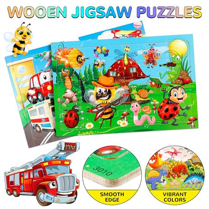 Puzzles for Kids Ages 4-8, 14 Pack Wooden Jigsaw Puzzles 30 Pieces Preschool Educational Learning Toys Set for Toddler Boys and Girls Stocking Stuffers