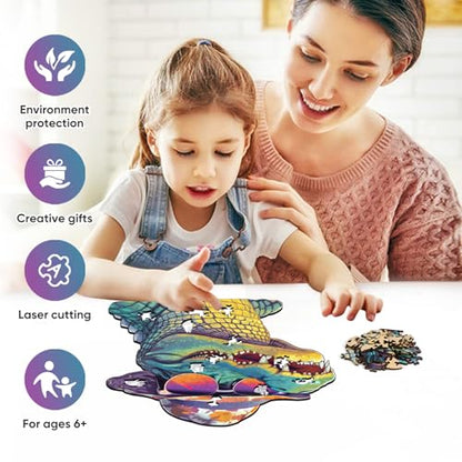 Reouinty Wooden Puzzle 500 Piece, Cool Glasses Crocodile Jigsaw Puzzles, Unique Puzzle, Beautiful Wooden Puzzle with Box Birthday Gifts for Family Game 16x17.6 in - color: Glasses Crocodile, size: 500pcs