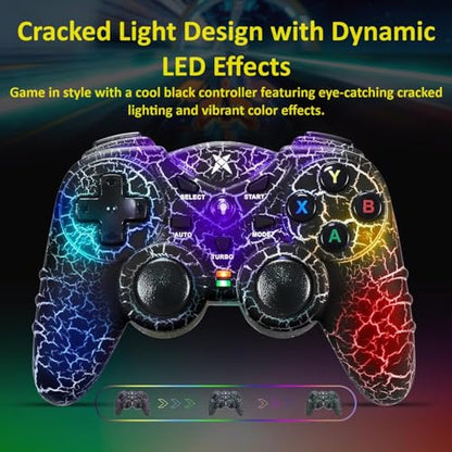 NBCP Wireless Controller for PC,Light-Up Gamepad,Black Crack Custom Design with RGB LED Lights,Turbo,Luminous Mode,Compatible with Windows 7/8/10/11 & Steam - color: Black Crack for PC Wireless