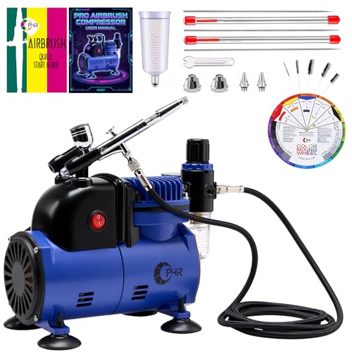 Airbrush Starter Kit with Compressor & Dual-Action Airbrush | Quiet 47db Air Compressor with Cooling Fan, 0.2/0.3/0.5mm Nozzles, 40CC Cup for Home Studios, Model Hobby Set for Beginners