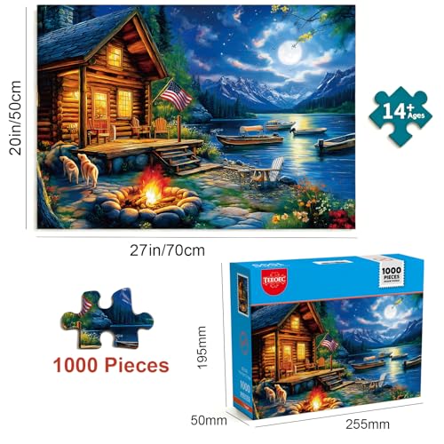 1000 Piece Puzzle for Adults, 20 x 27 inches Jigsaw Puzzles - Moonlit | Tight Piece Fit, 1:1 Reference Poster, Lettered Back, Minimal Puzzle Dust, Vibrant Colors, 2mm Extra-Thick Pieces - color: 1000 Pieces-moonlit Lake Cabin
