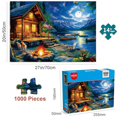 1000 Piece Puzzle for Adults, 20 x 27 inches Jigsaw Puzzles - Moonlit | Tight Piece Fit, 1:1 Reference Poster, Lettered Back, Minimal Puzzle Dust, Vibrant Colors, 2mm Extra-Thick Pieces - color: 1000 Pieces-moonlit Lake Cabin