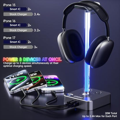 cozoo Gifts for Gamer Men All-in-One RGB Headset Stand & Charging Station | 3 USB Ports, 2 Outlets, Metal Space Gray | Gaming Equipment, Game Room Setup, Christmas Gifts for Him,Teen Boys,Tech Lovers - color: Gray Pro