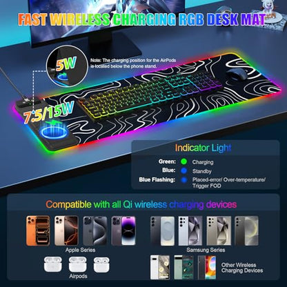 RGB Mouse Pad with Foldable Phone Stand Wireless Charger, 31.5"x11.8" XL Gaming Mousepad Large Desk Mat, Desk Pad with 11 Colors 5 Modes, Waterproof - color: Black Touch Control Stand XL Topographic