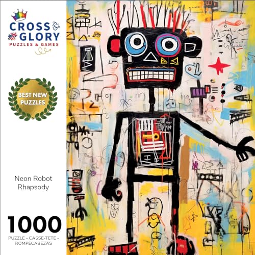 Cross & Glory | 1000 Piece Jigsaw Puzzles for Adults | Neon Robot Rhapsody | Abstract Neo-Expressionism Art | Luminous Yellow Highlights | 2mm Thick Pieces | Satin Finish | Ages 14+ - color: Neon Robot Rhapsody
