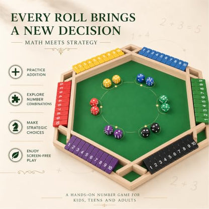 Shut The Box Game, 6 Player Wooden Hexagon Board, 12 Dice Game | 6-player Shut The Box wooden hexagon math board with 12 dice for adults,family nights, parties, pubs and group strategy play - color: 1-6 Players