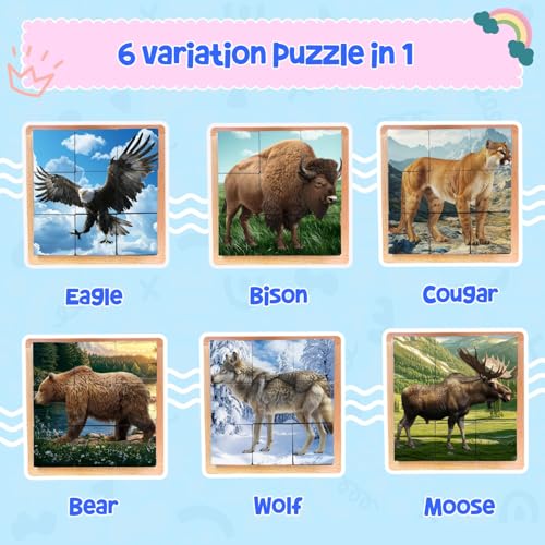 Wooden Cube Puzzle of Native North American Animals | Wooden Puzzles for Kids & Toddlers Ages 3 4 5 6 7 8 - style: American wildlife