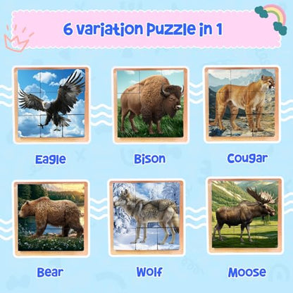Wooden Cube Puzzle of Native North American Animals | Wooden Puzzles for Kids & Toddlers Ages 3 4 5 6 7 8 - style: American wildlife