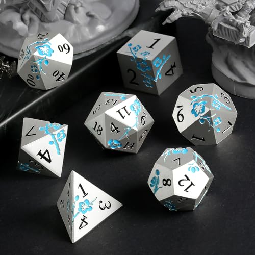 Glow in the Dark Flower Metal Dice, DNDND 7 PCS Blue Metallic D&D Dice Set with Gorgeous Gift Case for Dungeons and Dragon Tabletop Game (Glow in the Dark Blue) - color: Flower Glow Blue