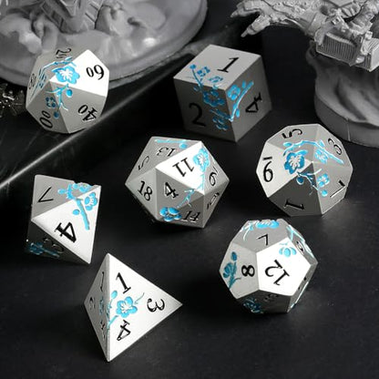 Glow in the Dark Flower Metal Dice, DNDND 7 PCS Blue Metallic D&D Dice Set with Gorgeous Gift Case for Dungeons and Dragon Tabletop Game (Glow in the Dark Blue) - color: Flower Glow Blue
