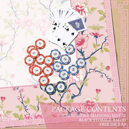 Chinoiserie Mahjong Mat with 1 Carrying Bag 31.5 x 31.5 Pink and White Rubber Anti Slip and Noise Reduction Multi Purpose Game Table Cover for Mahjong, Card, Board Tile Games - color: Pink and Green
