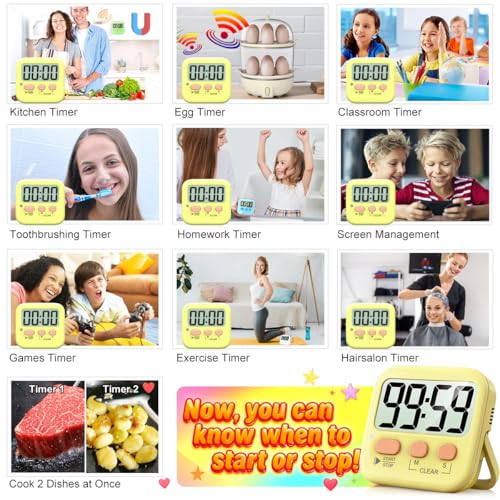 2 Pack Digital Timer for Kids Classroom Kitchen Timers for Cooking | w/ Battery, Easy to View, Alarm, Mute Mode, Count Down/Up, Magnetic, Kickstand, Hanging, Classroom Timer for Teacher Supplies - color: Yellow