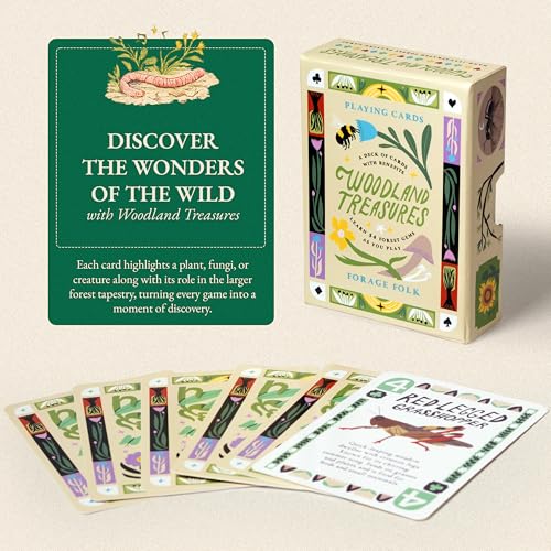 Woodland Treasures Botanical Playing Cards for Nature Lovers & Collectors – Beautiful Playing Cards, Poker Deck Featuring 52 Hand-Illustrated Forest Wonders + Digital Booklet of 20 Classic Games - style: Woodland Treasures