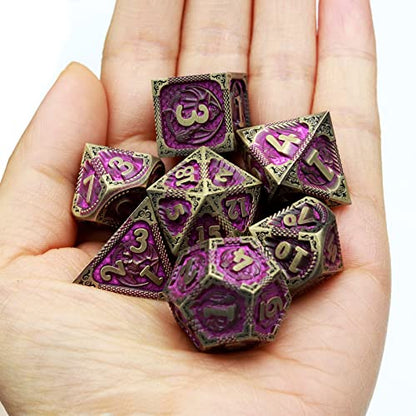 Haxtec Metal Dice Set Purple Black Dragon Pattern Metal DND Dice with Leather Dice Bag Polyhedral D&D Dice Compatible with Dungeons and Dragons TTRPG Gifts - color: Bronze Matt Purple