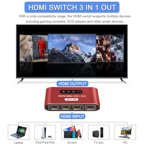 HDMI Switch 3 in 1 Out, 4K@60Hz HDMI Selector with Remote Control, 3 Ports HDMI Switcher, Perfect for Full HD 4K 1080P 3D Video Roku Fire TV Blu-ray Players Stick Apple PS4/PS5 Xbox Chromecast (Red) - color: Red