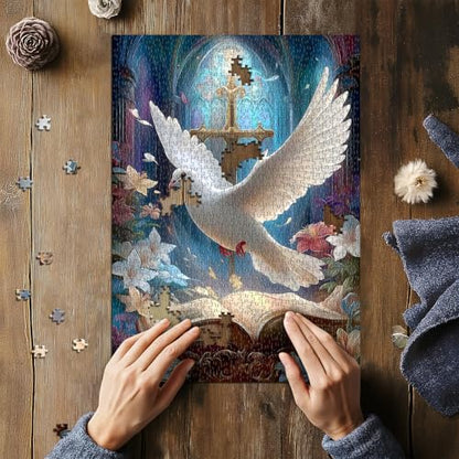 Christian Puzzles for Adults 1000 Pieces, Easter Religious Puzzle with Cross, Bible and White Dove, Catholic Book Floral Bible Jigsaw Puzzle, Faith Bird Religious Wall Decor
