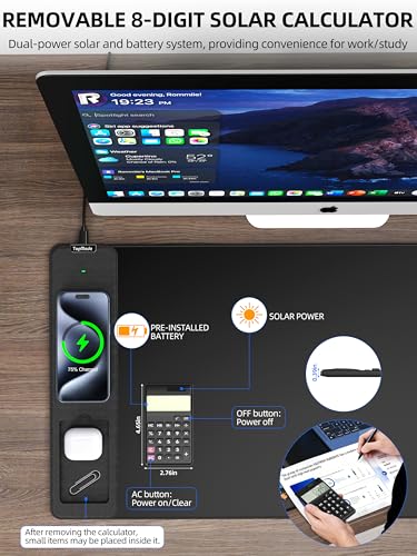 TopMade Mouse Pad with 15W Wireless Charging, Removable 8-Digit Solar Calculator, Exact Large Desk Pad, Waterproof Mousepad Home Office Desk Mat (Includes 20W PD Power Adapter & 6.56ft Woven Cable) - color: Black-Calculator-31.5"x15.8"-with Adapter