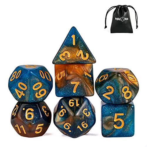 7-Die DND Dice Set Polyhedral Dice Set with a Leather Dice Bag, D&D Dice Set for RPG Table Games (Blue Yellow/Glitter) - color: Blue Yellow/Glitter