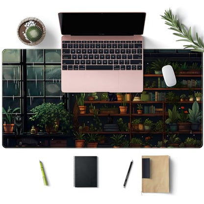 Lofi Cat Desk Mat Dark Green Plant Books Desk Pad Black Cat Aesthetic Anime Big Mouse Pad Large Gaming Mousepad XL Cool Keyboard Pad Deskmat Laptop Computer Mouse Mat 31.5X 15.7in - color: A Lofi Cat