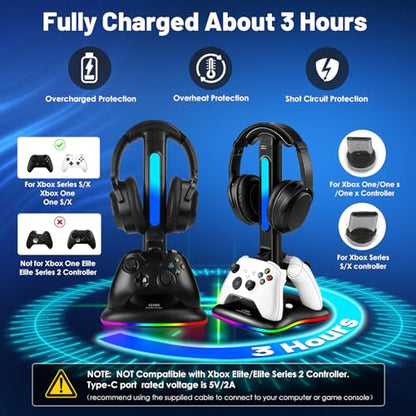 Controller Charger with RGB Headphone Stand for Xbox Series X/S/One/One S/X, XSX Controller Charger Station, Headset and Controllers Stand Holder for Xbox, Gaming Gifts for Gamers Men - size: Dual Charger for Xbox