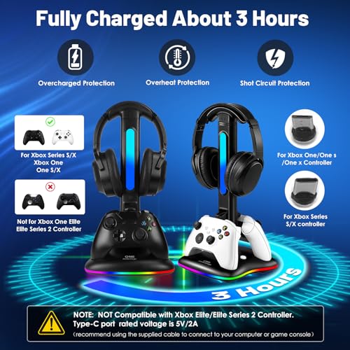 Controller Charger with RGB Headphone Stand & 2X6660mWh Battery Packs for Xbox Series X/S/One/One S/X, XSX Controller Charger Station, Headset and Controllers Stand Holder - size: Xbox Dual Charger with 2 Batteries