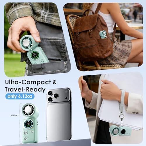 FurBall 4-IN-1 Portable Handheld Fan with Ice Cooling, High-speed Turbo Power 100 Gear Adjustable, LED Display, 6000mAh Rechargeable Battery, Foldable & Quiet Personal Fan for Travel, Office, Outdoor - color: Mint Green