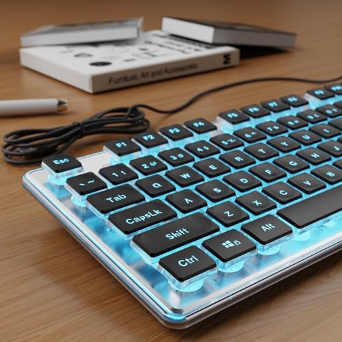 SEUNKWANG Wired Backlit Keyboard with Pudding Keycaps, Quiet Full Size Computer Keyboard Blue Backlight Easy-to-Read, Never Fade, Metal Panel, USB Cute Desk Setup for Windows PC Desktop, Black - color: Black-blue
