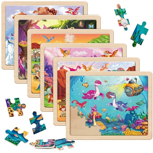 SYNARRY Wooden Dinosaur Puzzles for Kids Ages 4-6, 6 Packs 60 PCs Jigsaw Puzzles Educational Toys Gifts for Children Ages 4-8, Easter Basket Stuffers Gifts Toys for Kids