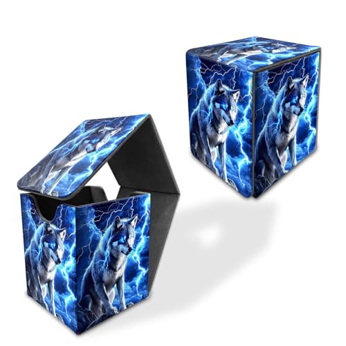 for MTG Deck Box, Commander Deck Case Fits 100 Double Sleeved Cards, PU Leather Storage Box, Compatible with Magic/TCG/PTCG/EDH/Sport Cards,Blue Wolf Lightning - color: Blue Wolf Lightning