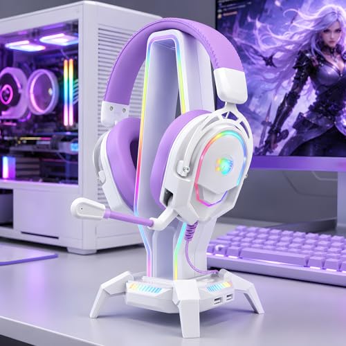 K98 Wired RGB Gaming Headset with Mic, Over Ear Gaming Headphones, 50mm Neodymium Drivers, Noise Isolating Microphone, Memory Foam Cushions, Aluminum Alloy Frame for PC, PS5, PS4, Xbox, Switch - color: White/Purple RGB