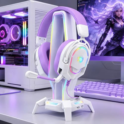 K98 Wired RGB Gaming Headset with Mic, Over Ear Gaming Headphones, 50mm Neodymium Drivers, Noise Isolating Microphone, Memory Foam Cushions, Aluminum Alloy Frame for PC, PS5, PS4, Xbox, Switch - color: White/Purple RGB