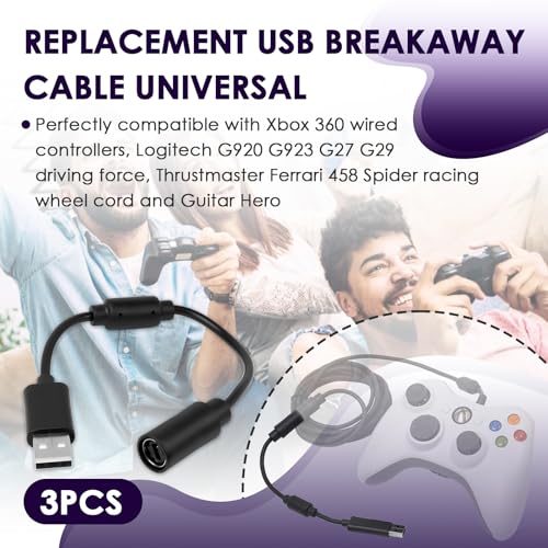 USB Breakaway Cable for Xbox 360, Rocksmith Real Tone Cable, Xbox Controller Cord, Xbox USB Adapter, Guitar Hero Dongle , Compatible with Logitech G920 G923 G27 & Thrustmaster 458 Spider Racing Wheel - size: 3-PACK