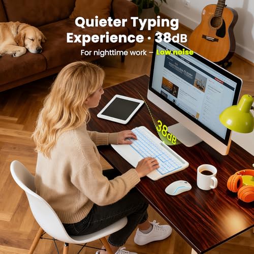 White Keyboard and Mouse Wireless Combo, 4000mAh Rechargeable Backlit Quiet Keyboards mice Set, USB Ergonomic Key Board with Wrist Rest & Phone Holder for PC, Mac, Windows, Natural Soft Typing - color: Pure white