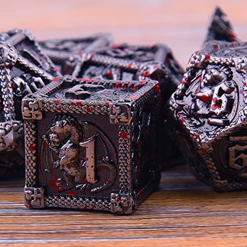 AUSTOR 7-Die Metal DND Dice Set Dungeons and Dragons Polyhedral Roll Playing Dice with Box D20 D12 D10 D% D8 D6 D4 for Pathfinder MTG RPG Board Games - color: Antique Iron With Blood Spattered