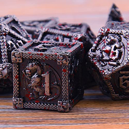 AUSTOR 7-Die Metal DND Dice Set Dungeons and Dragons Polyhedral Roll Playing Dice with Box D20 D12 D10 D% D8 D6 D4 for Pathfinder MTG RPG Board Games - color: Antique Iron With Blood Spattered