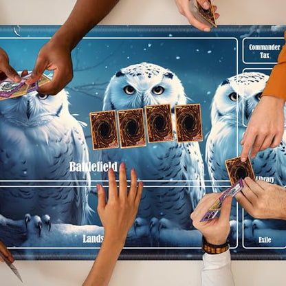 Board Game Mat TCG Playmat Plus 50 Pcs Card Sleeves, 24 x 14 inches Table Mats Games Mousepad with Zones Smooth Surface for MTG RPG CCG Trading Card Game Play Mats, Snow Owls - color: Snow Owls, size: Zone 1