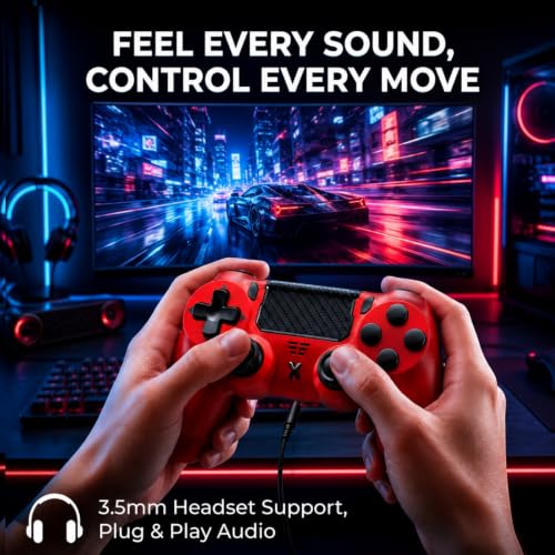 BJXOZ Wireless Controller for PS4 Controller, Gamepad with Dual Vibration | 1000mAh, Six-axis Gyroscope Sensor, USB-C Port, Speaker, 3.5mm Headphone Jack, Touchpad, Compatible with PS4/Slim/Pro/PC - color: Red