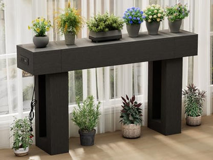 63 Inch Long Console Table w/Outlets & USB Ports, Narrow Rectangular Sofa Table Behind The Couch, Farmhouse Entryway Table for Entrance, Hallway, Living Room(Black with Outlet) - color: Black, style: With Socket
