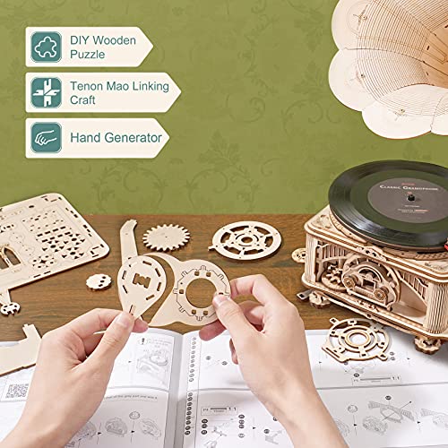 ROKR 3D Wooden Puzzles Gramophone for Adults - DIY Mechanical Model Kit 1:1 Replica Record Player Support 7"/10" Vinyl Building Gift Hobbies for Adults Home Decor