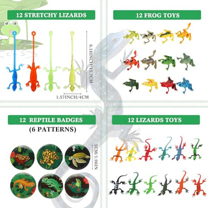 Paterr 94 Pcs Reptile Party Favors Reptile Birthday Party Supplies Decorations Include Gift Bags Slap Bracelets Badges Tattoos Stickers frog Lizard Toys Stretchy Sticky Toys for Boy Girl