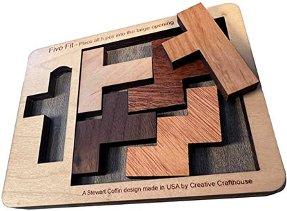 Creative Crafthouse Five Fit Small Stewart Coffin Wood Packing Puzzle, Hard | Slot every piece into one tray for a deceptively tough solve. A desk display and gift for serious solvers, made in USA - style: Five Fit