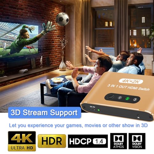 HDMI Switch 3 in 1 Out, 4K@60Hz HDMI Splitter with Remote Control, 3 Ports HDMI Switcher, Perfect for Full HD 4K 1080P 3D Video Roku Fire TV Blu-ray Players Stick Apple PS4/PS5 Xbox Chromecast (Gold) - color: Gold