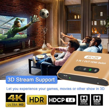 HDMI Switch 3 in 1 Out, 4K@60Hz HDMI Splitter with Remote Control, 3 Ports HDMI Switcher, Perfect for Full HD 4K 1080P 3D Video Roku Fire TV Blu-ray Players Stick Apple PS4/PS5 Xbox Chromecast (Gold) - color: Gold