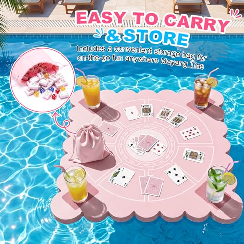 Thenshop 2-in-1 Floating Mahjong Set, 30x30 Inch Large Game Table for Pool & 160 Classic Art Mahjong Tiles with Storage Bag and 6 Dice, Hot Tub Float Board for Card Games Adults Summer Party Supplies