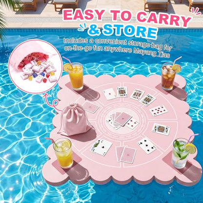 Thenshop 2-in-1 Floating Mahjong Set, 30x30 Inch Large Game Table for Pool & 160 Classic Art Mahjong Tiles with Storage Bag and 6 Dice, Hot Tub Float Board for Card Games Adults Summer Party Supplies